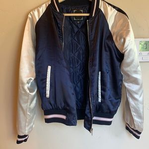 Navy Blue and Silver Bomber Jacket with Baby Pink Accents